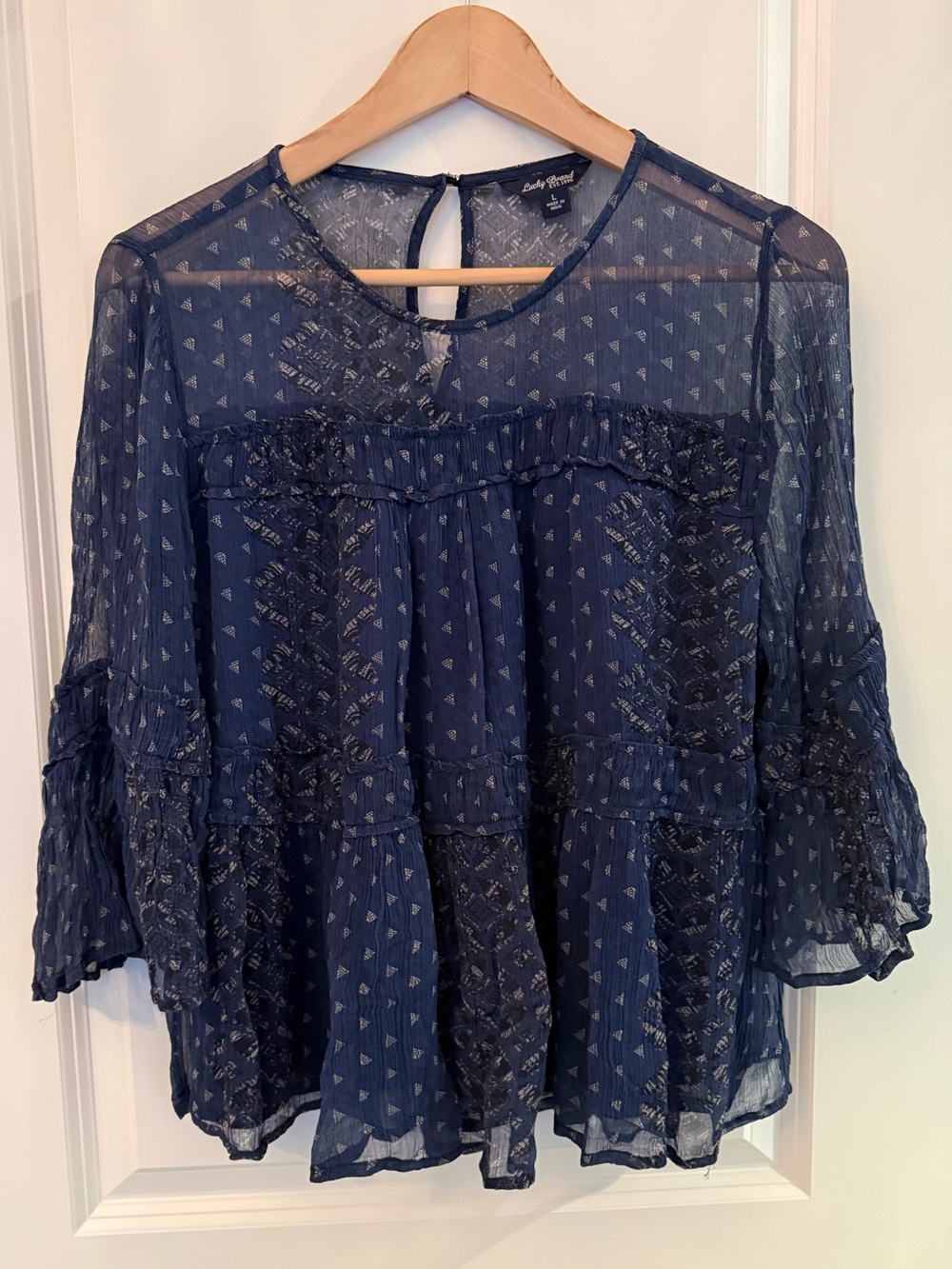 Lucky Brand Whimsigoth Navy Blue Sheer Tiered Boho Peasant Blouse Size M Top - Picture 3 of 10